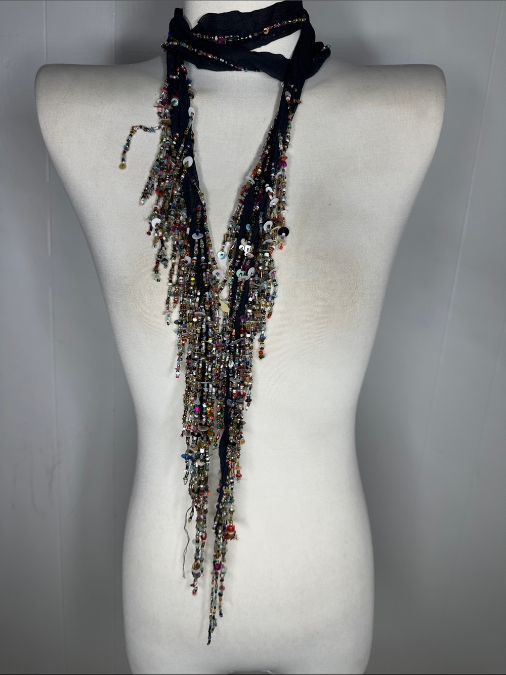 Vintage Silk Chiffon Beaded Neck Scarf/Belt Or Necklace